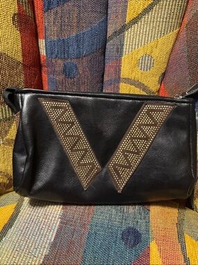 Black Studded V Accent Leather Sag Harbor Clutch